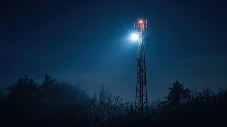 A signal tower with bright white LED lights, illuminating the night. -の素材