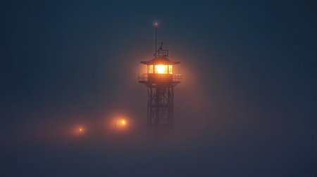 A signal tower surrounded by mist, with lights piercing through the fog.の素材