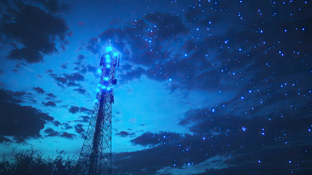 A signal tower glowing with blue lights against a twilight sky, symbolizing connectivity.の素材