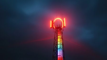 A signal tower with lights creating a rainbow effect, set against a darkening skyの素材
