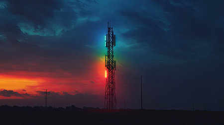 A signal tower with lights creating a rainbow effect, set against a darkening skyの素材