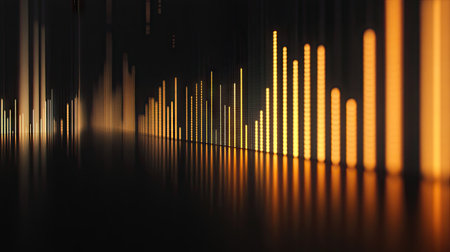 Abstract visualization of sound waves in warm tones, showcasing bars that reflect rhythm and energy. Ideal for technology and music-themed projects.の素材