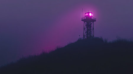 A signal tower illuminated by soft purple lights, blending into the dusk.の素材