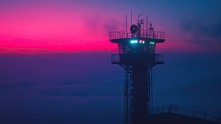 A signal tower with a mix of cool and warm lights, blending harmoniously with the dusk.の素材
