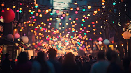A street celebration with overhead lights casting a warm glow on the crowd.の素材