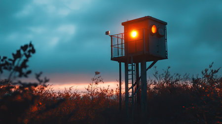 A signal tower with a mix of cool and warm lights, blending harmoniously with the dusk.の素材