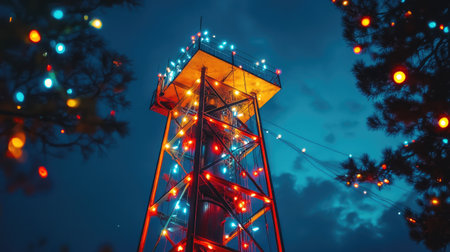 A signal tower with twinkling lights, giving a festive appearance.の素材