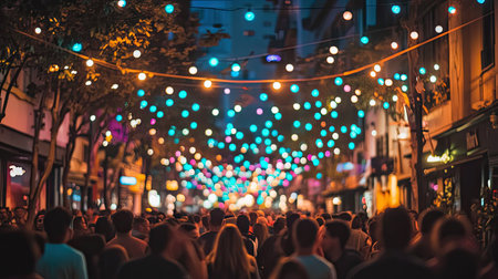 A street celebration with overhead lights casting a warm glow on the crowd.の素材