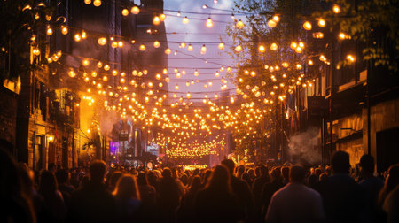 A street celebration with overhead lights casting a warm glow on the crowd.の素材