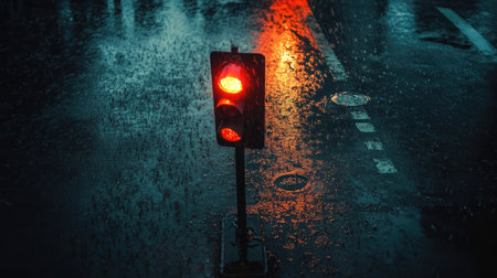 A solitary traffic light glowing red in the rain, with a dark, wet street below.の素材