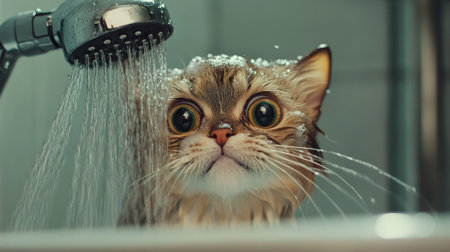 A cat being bathed with a handheld showerhead, looking curious and calm.の素材