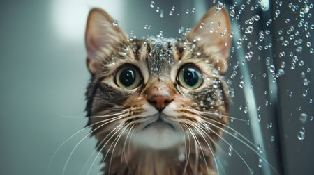 A cat standing in a shower with water droplets on its whiskers.の素材