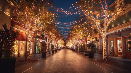 A festival street with sparkling lights draped over trees and buildings.の素材