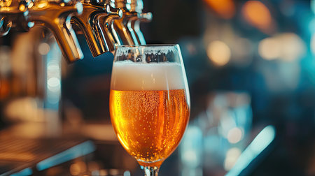 A close-up of a beer glass being filled from a tap, with warm bar lighting.の素材