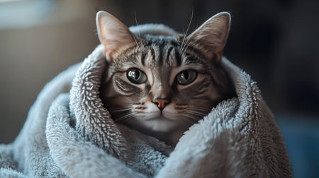 A cat wrapped in a fluffy towel after a shower, with a serene expression.の素材