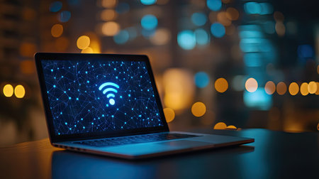 A laptop on a desk showing a wireless network connection icon in the corner of the screen.の素材