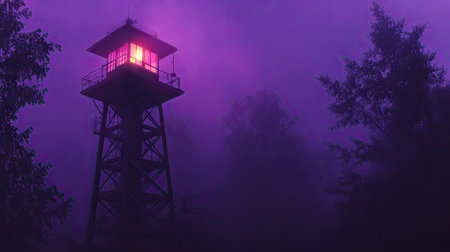 A signal tower illuminated by soft purple lights, blending into the dusk.の素材