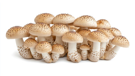 A cluster of Matsutake mushrooms with their stems and caps, isolated on a white background.の素材