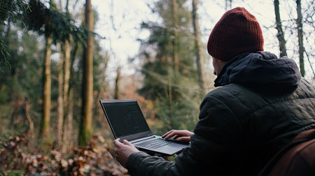 A person using a laptop outdoors, connected to a wireless network, showing freedom of mobility.の素材
