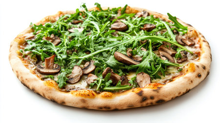 A gourmet pizza topped with truffle mushrooms and arugula, photographed against a white background.の素材