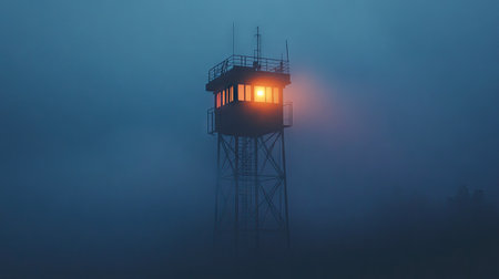 A signal tower surrounded by mist, with lights piercing through the fog.の素材