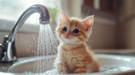 A kitten sitting in a sink with a handheld shower spraying water.の素材