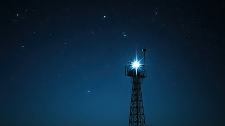 A signal tower with sparkling white lights, shining brightly against a clear night sky.の素材