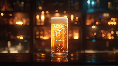 A tall glass of lager with bubbles rising, framed by the bar's ambient lighting.の素材