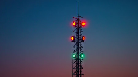 A tall signal tower with lights changing colors in a sequence, set against the evening sky.の素材