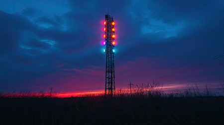 A tall signal tower with lights changing colors in a sequence, set against the evening sky.の素材