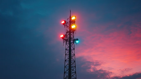 A tall signal tower with lights changing colors in a sequence, set against the evening sky.の素材
