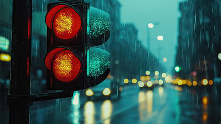 A traffic light changing from red to green amidst a rainy cityscape.の素材