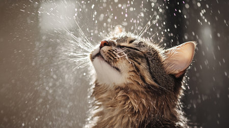 A wet cat shaking off water in a shower, droplets flying everywhere.の素材