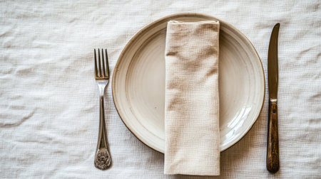An empty plate with a folded napkin and silverware on a linen tablecloth, allowing room for text.の素材