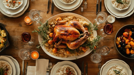 A top view of a rustic table setting with rice and roasted chicken as the main dish.の素材