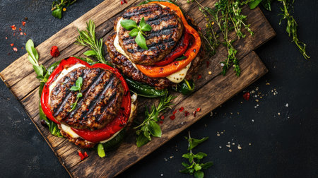 Burger with grilled peppers and mozzarella, viewed from above on a rustic boardの素材