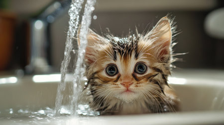 A wet kitten in a sink, with water streaming from a faucet.の素材