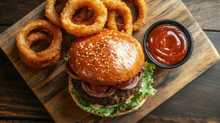 Burger with onion rings and a side of dipping sauce, viewed from above on a wooden board. -の素材