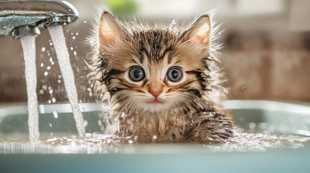 A wet kitten in a sink, with water streaming from a faucet.の素材