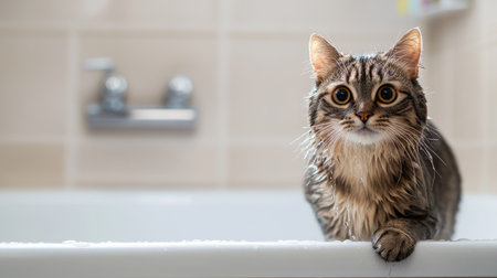A wet cat standing on the edge of a bathtub, water dripping from its fur.の素材