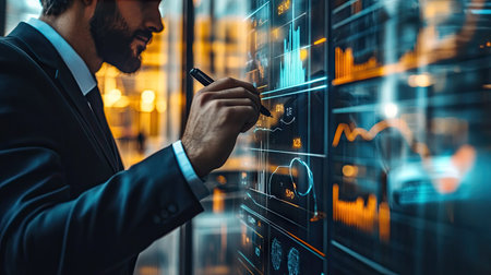 Businessman writing on a glass board with marker, creating a strategic plan in an office.の素材