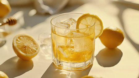 Close-up of a glass of honey lemon juice with lemon slices and ice cubes, set on a white caf table.の素材