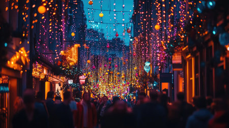 Brightly lit festival street with hanging fairy lights and bustling crowds.の素材