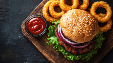 Burger with onion rings and a side of dipping sauce, viewed from above on a wooden board. -の素材