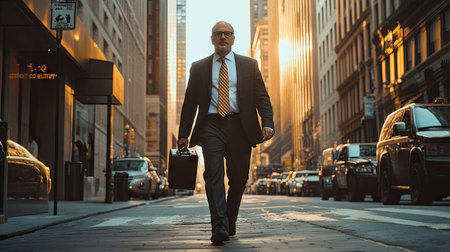 Businessman in a suit, holding a briefcase, walking briskly down a city street with a determined expression. -の素材