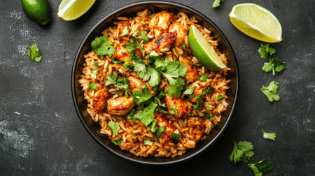 A top-down view of rice with roasted chicken, garnished with cilantro and lime wedges.の素材