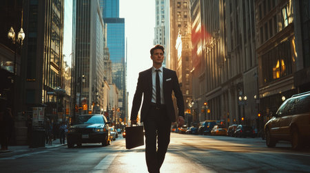 Businessman in a suit, holding a briefcase, walking briskly down a city street with a determined expression. -の素材