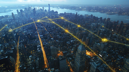 An aerial view of a city with highlighted areas showing wireless network coverage.の素材