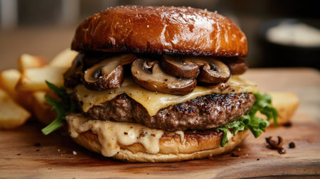 Burger topped with mushrooms and Swiss cheese, placed on a wooden cutting board.の素材