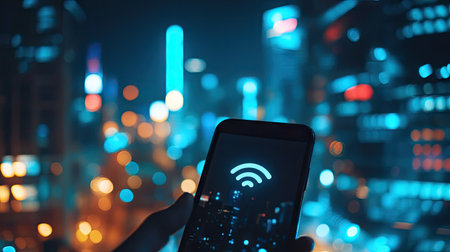 Close-up of a smartphone displaying a full Wi-Fi signal bar, with a blurred cityscape in the background. -の素材